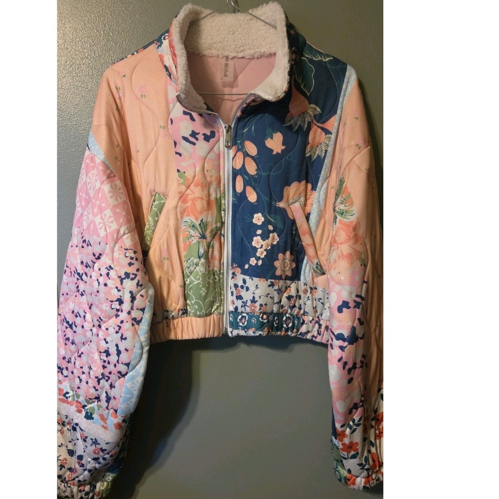 AS Revival Patchwork Floral Quilted Bomber Jacket Pink Navy Crop Sherpa L Large